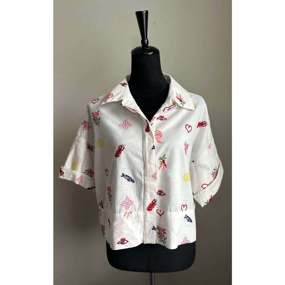 CAROLINE CONSTAS White Linen Button Front Embroidered Blouse Size M